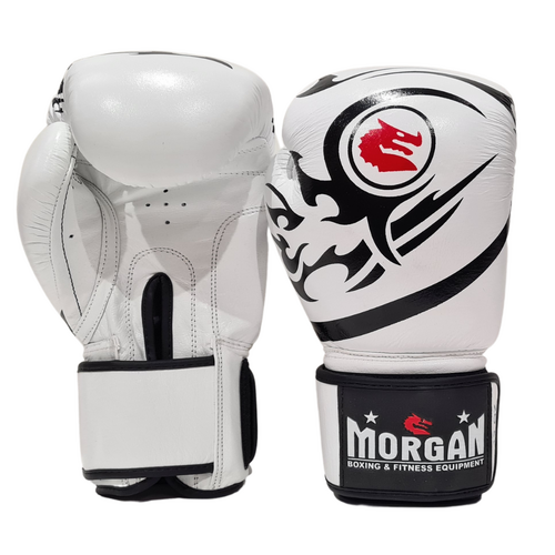 MORGAN ELITE BOXING & MUAY THAI LEATHER GLOVES (8 -12 & 16oz) [16oz  White]