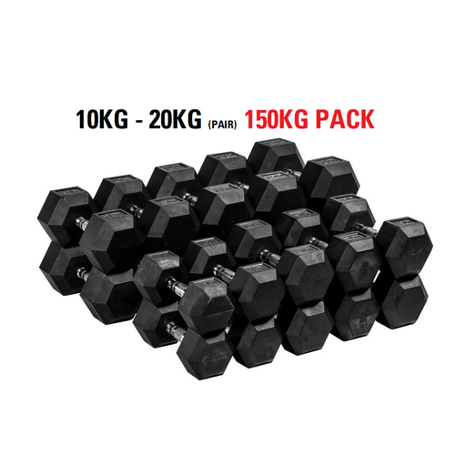 Morgan 150kg Rubber Hex Dumbbell Pack | 10kg–20kg (Pairs)